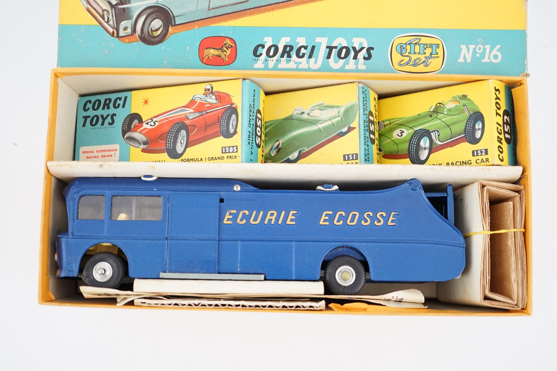 A boxed Corgi Major Toys Ecurie Ecosse Racing Car Transporter and three racing cars, Gift Set No.16